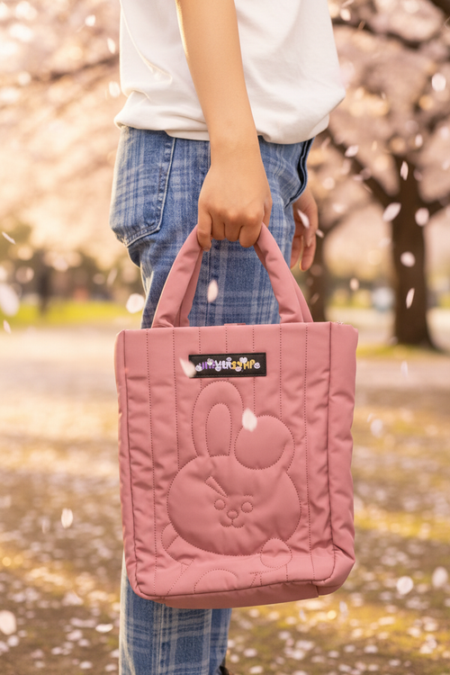 COOKY quilted pink bunny tote bag in cherry blossom park setting